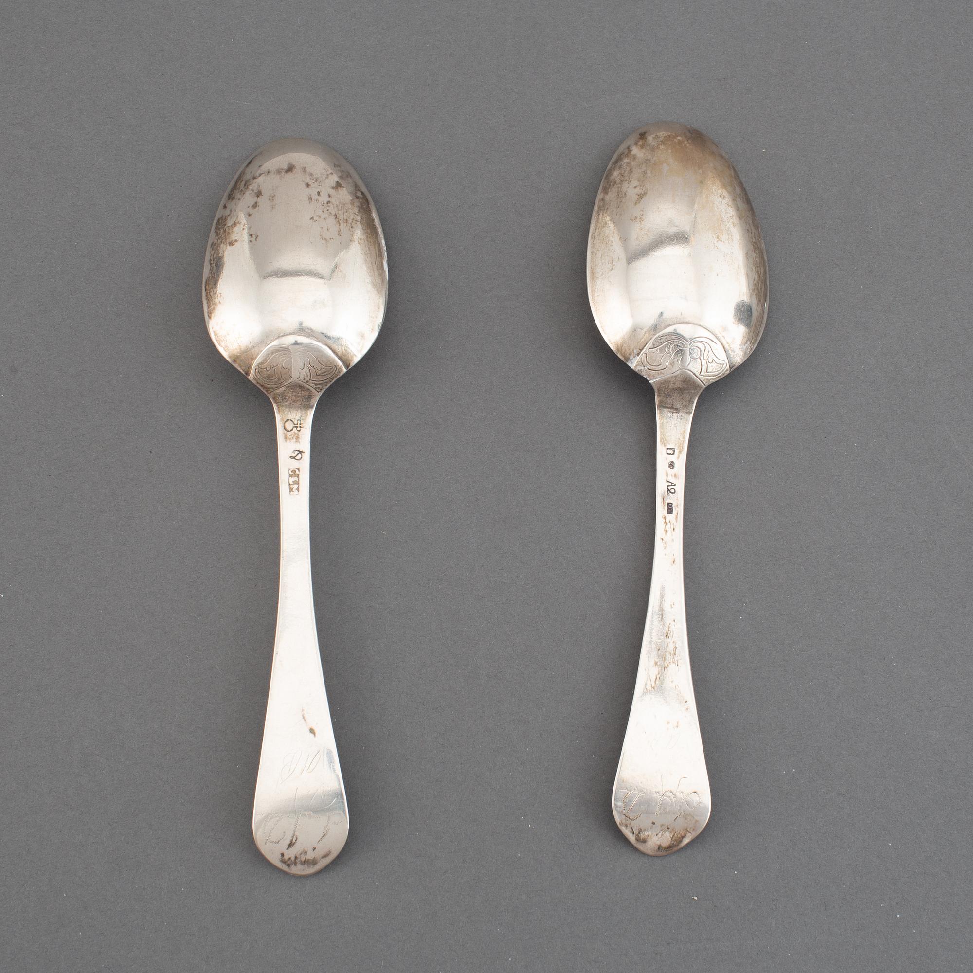 A matched pair of Swedish 18th century silver spoons, marked Uppsala.