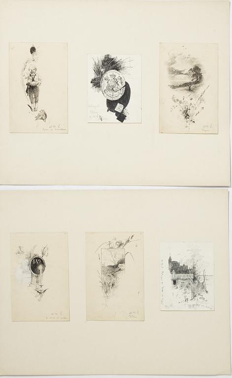 Carl Larsson, 6 drawings, signed C.L, Indian ink and hightening white mounted on cardboard.