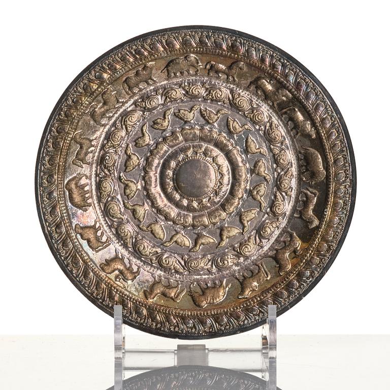 A Chinese brushpot, Qing dynasty, circa 1900. An archaistic bronze ewer and a silvered South East Asian bowl with stand.