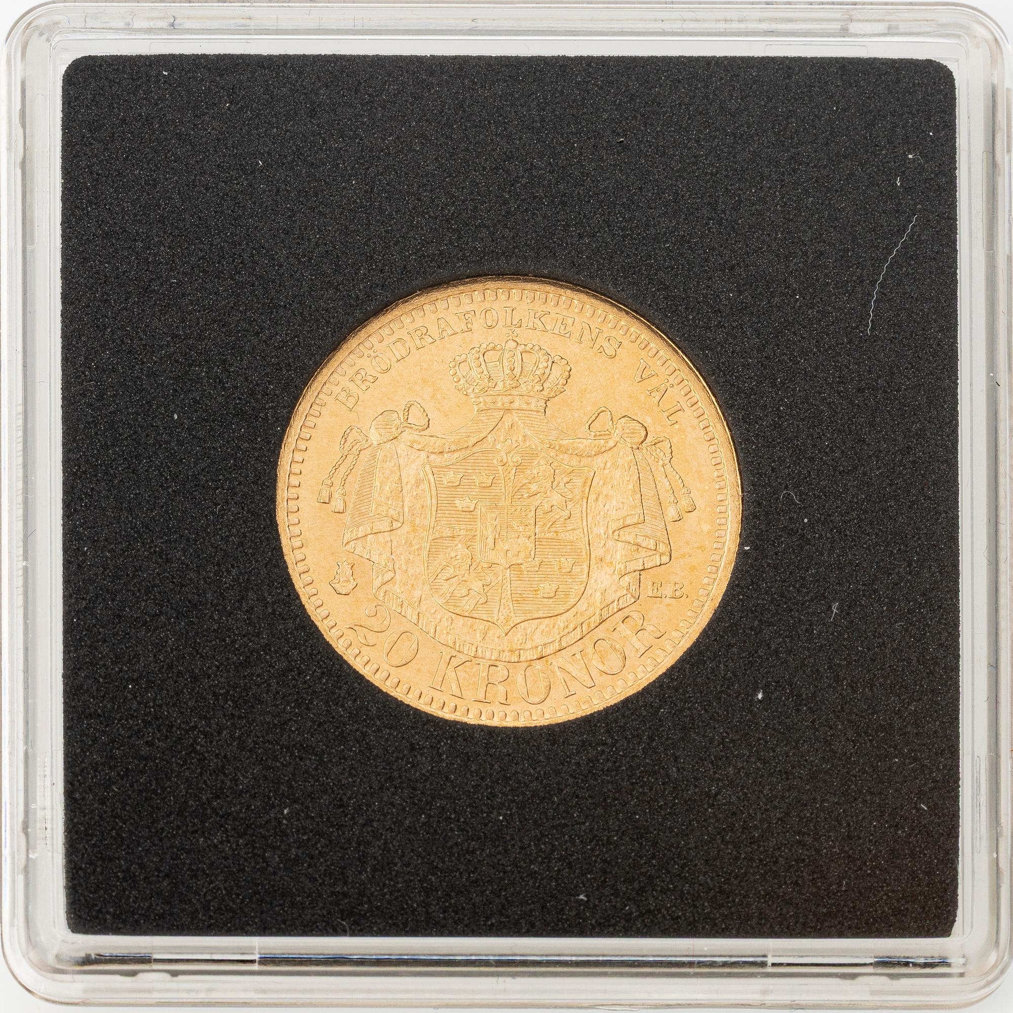 Guldmynt, Oscar II, 20 kronor, typ III, Sverige 1899.