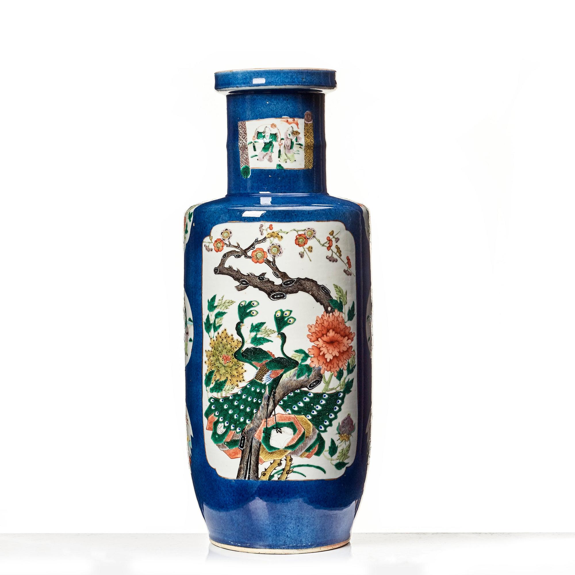A powderblue and famille verte roleau vas, late Qing dynasty.
