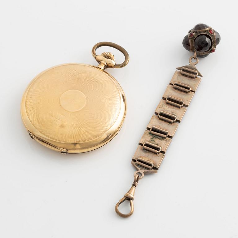 Pocket watches, 2 pcs, 14K/18K gold with Chatelaine.