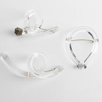Brooches, three pieces, acrylic plastic and pyrite, 1970s.