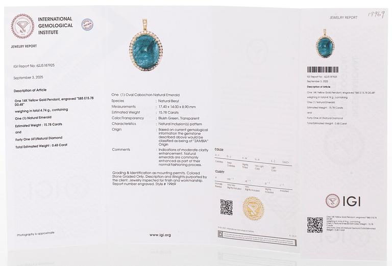 A 14K gold necklace with emerald and diamonds. With IGI certificate.