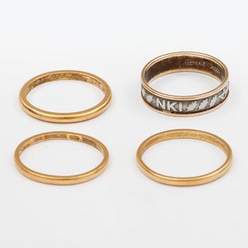RINGAR, 3 st, 23K respektive 1st 18K guld samt tenn, vikt ca 9,8g samt 4,2g.