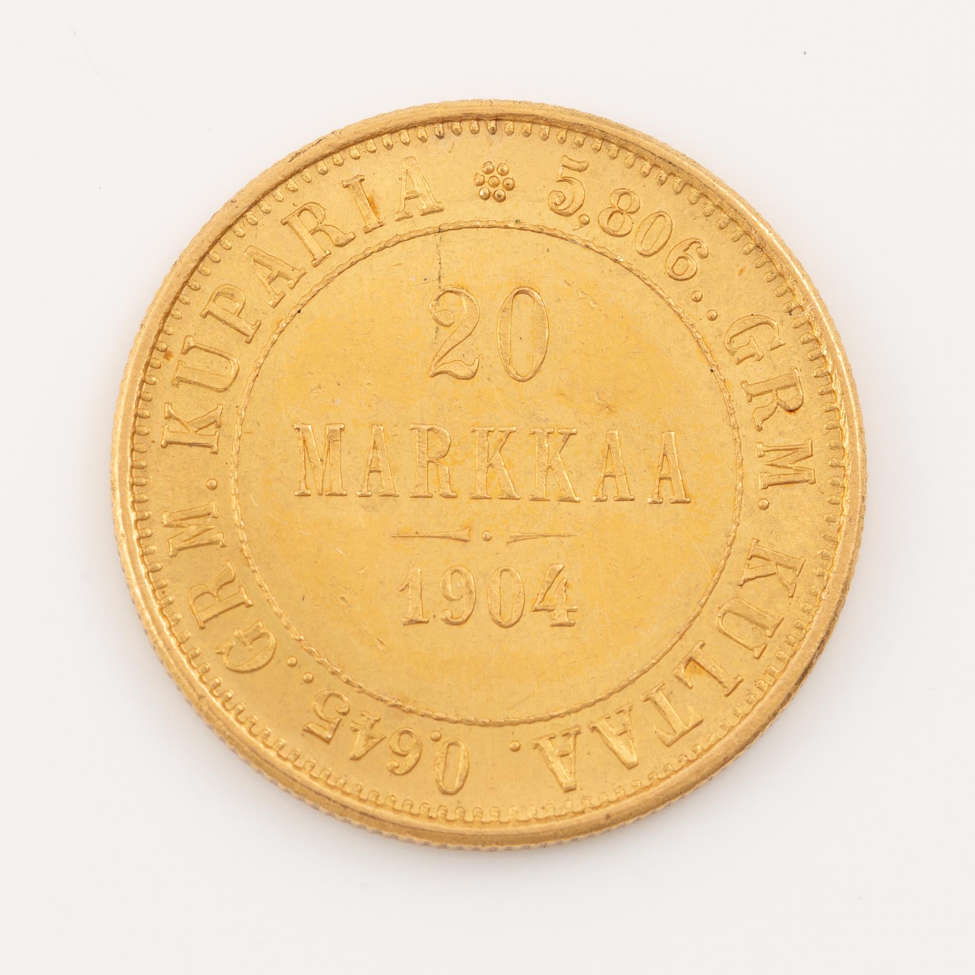 A goldcoin, Finland, Russian Duchy, 20 Markkaa, 1904.