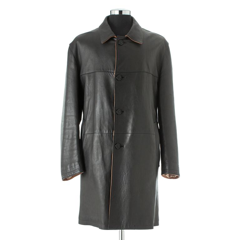 BURBERRY, a black leather overcoat.