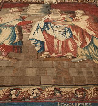 A TAPESTRY, tapestry weave, ca 299,5 x 212,5 cm, signed FOVRUIERES, 
DELANRIEVE.M.R.DABUSSON, Aubusson 17th century.