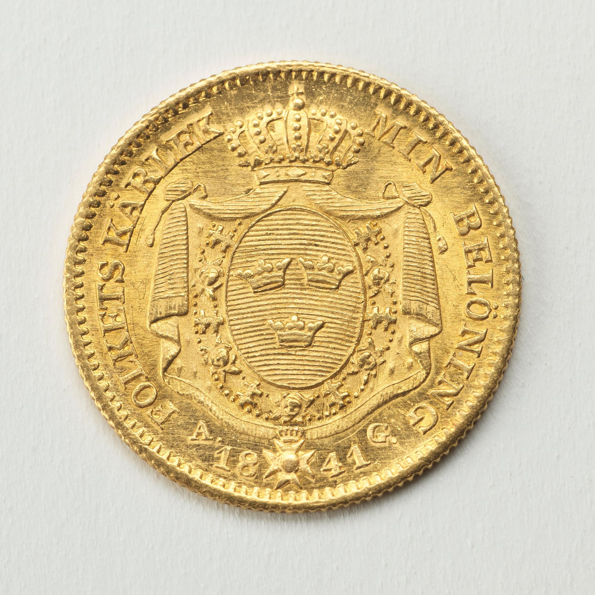 A gold 1 ducat coin Karl XIV Johan of Sweden, 1841.