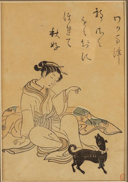 Suzuki Harunobu (1724/25-70), after, a colour woodblock print, Japan, late 19th/early 20th century.