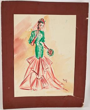 MAX GOLDSTEIN (MAGO), ca 50 st, dräktskisser, pastell, tusch och akvarellteckningar, bl a 1940-tal, delvis sign o dat.