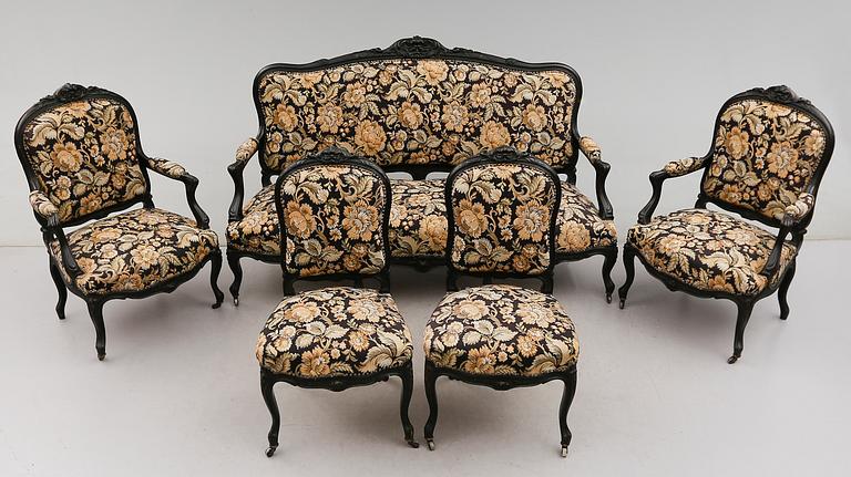 SALONGSGRUPP, 5 delar, rokokostil, 1800-talets andra hälft.
