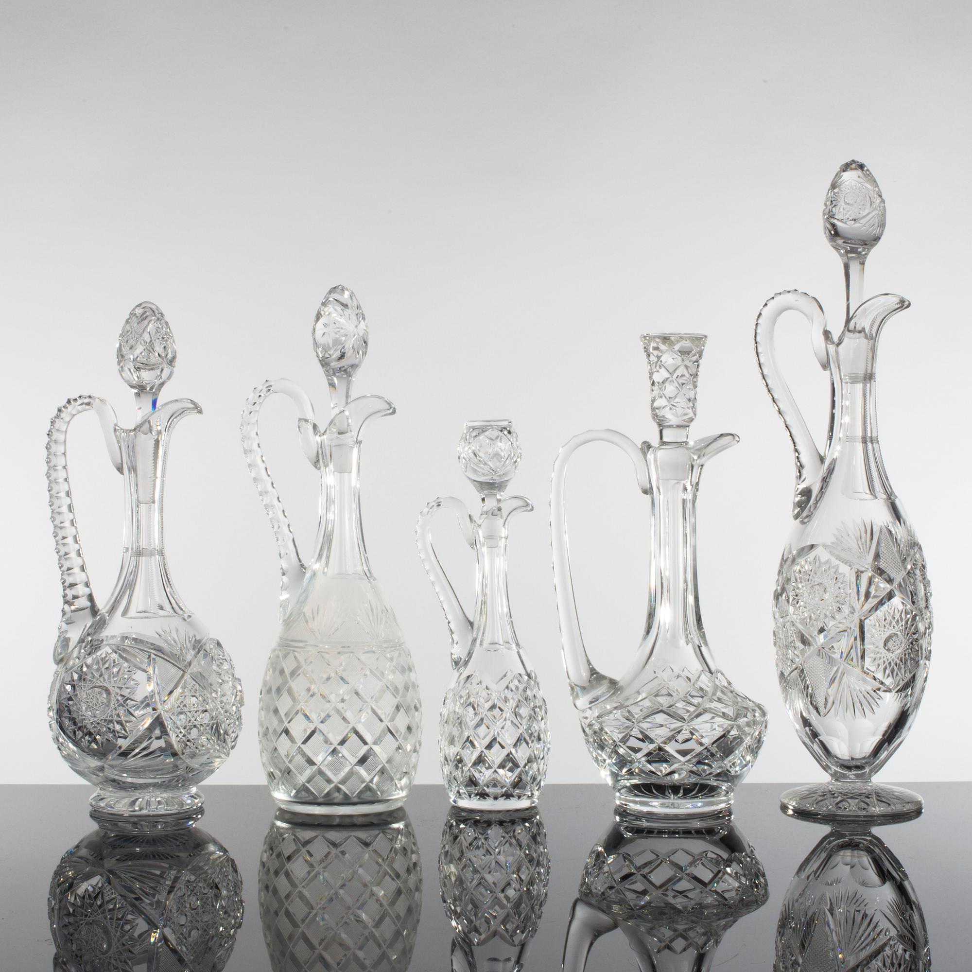 KARAFFER, 5 stycken, glas, 1900-talets första hälft.