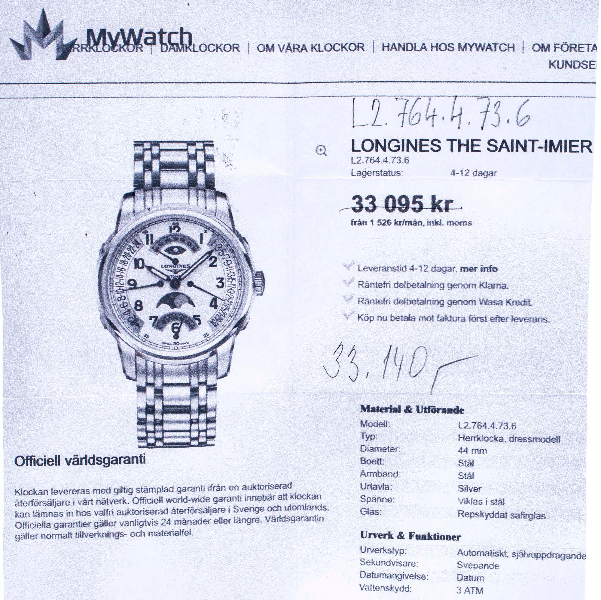 Longines Saint-Imier Moonphase Automatic SET L2.764.4.73.6, wristwatch 44 mm.