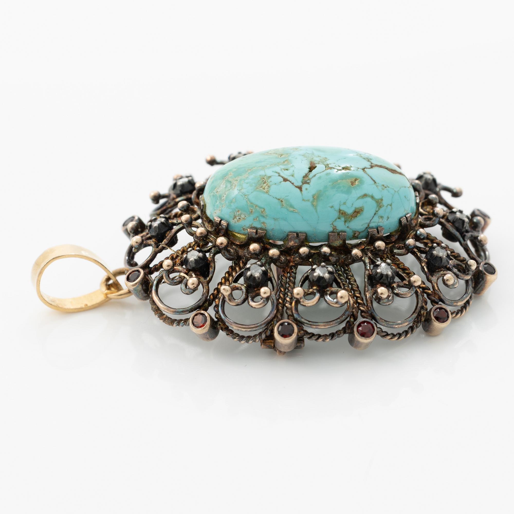 Brooch/pendant, 18K gold and silver with rose-cut diamonds, turquoise and garnets.