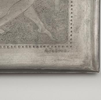 Anna Petrus, an engraved Swedish Grace pewter tray, Stockholm, early 1920's. this model was shown at The Paris Exhibition 1925.