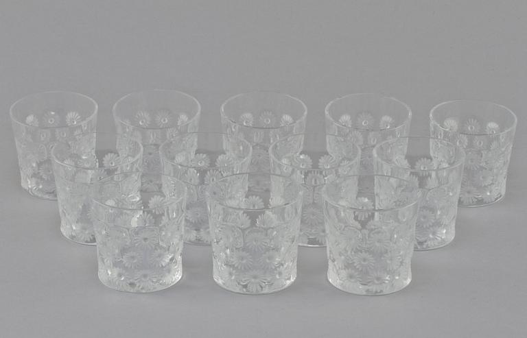 SELTERSGLAS, 12 st, Lalique, Frankrike, signerade, 1900-talets andra hälft.