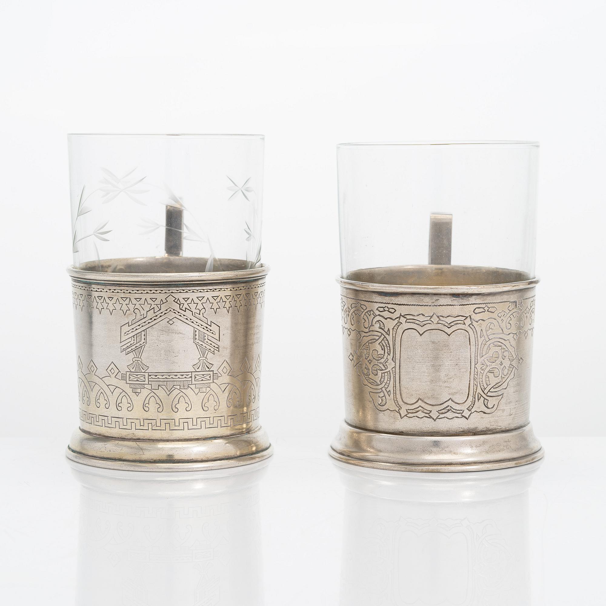 Two 19th-century silver tea glass holders, Moscow 1879 and 1894.