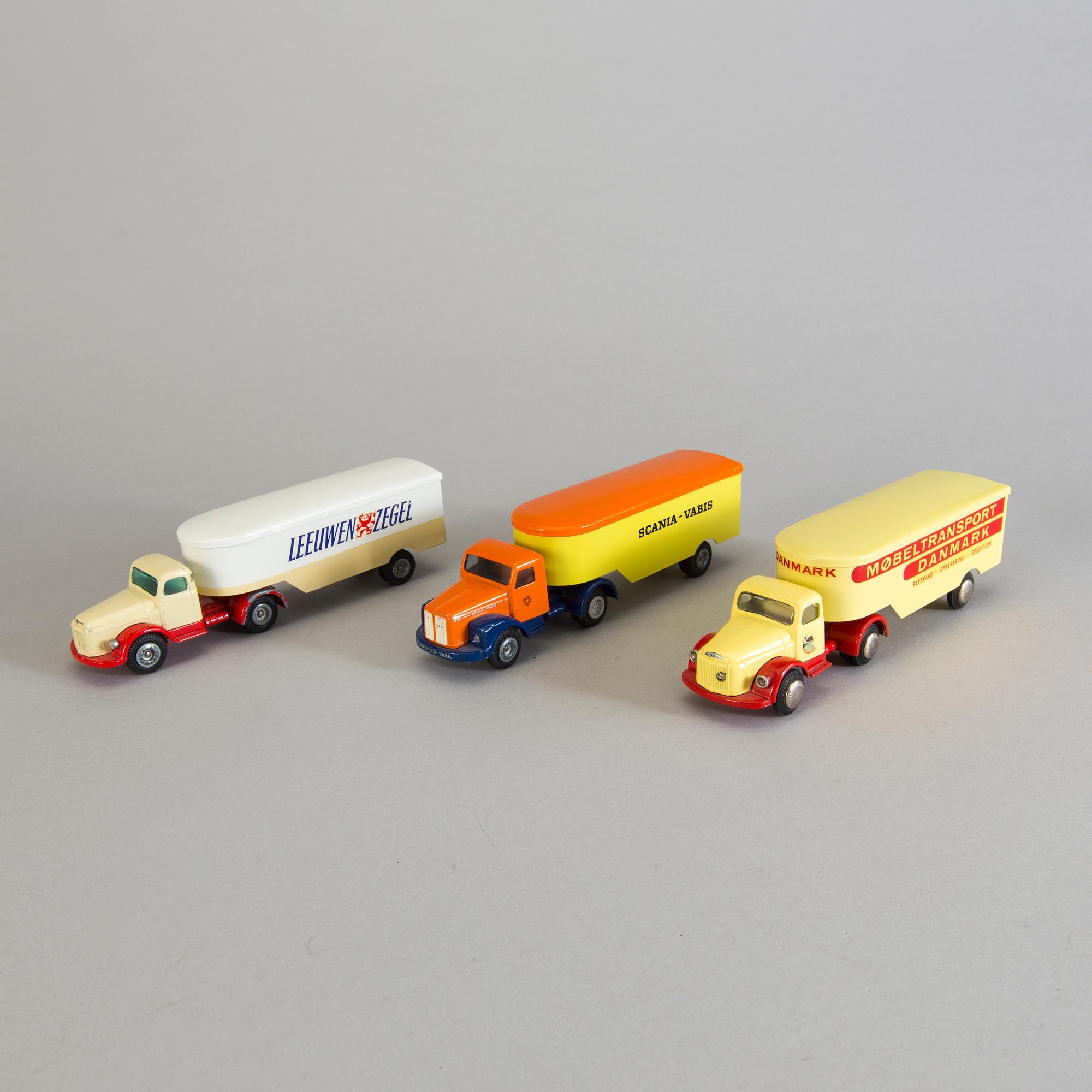 A lot of three Tekno trucks, Denmark, 1960s.