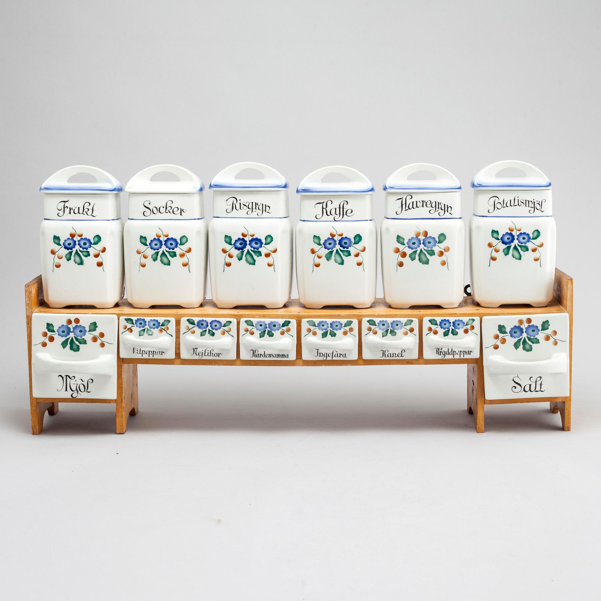 A set of earthenware kitchen jars from Gefle, first half of the 20th century.