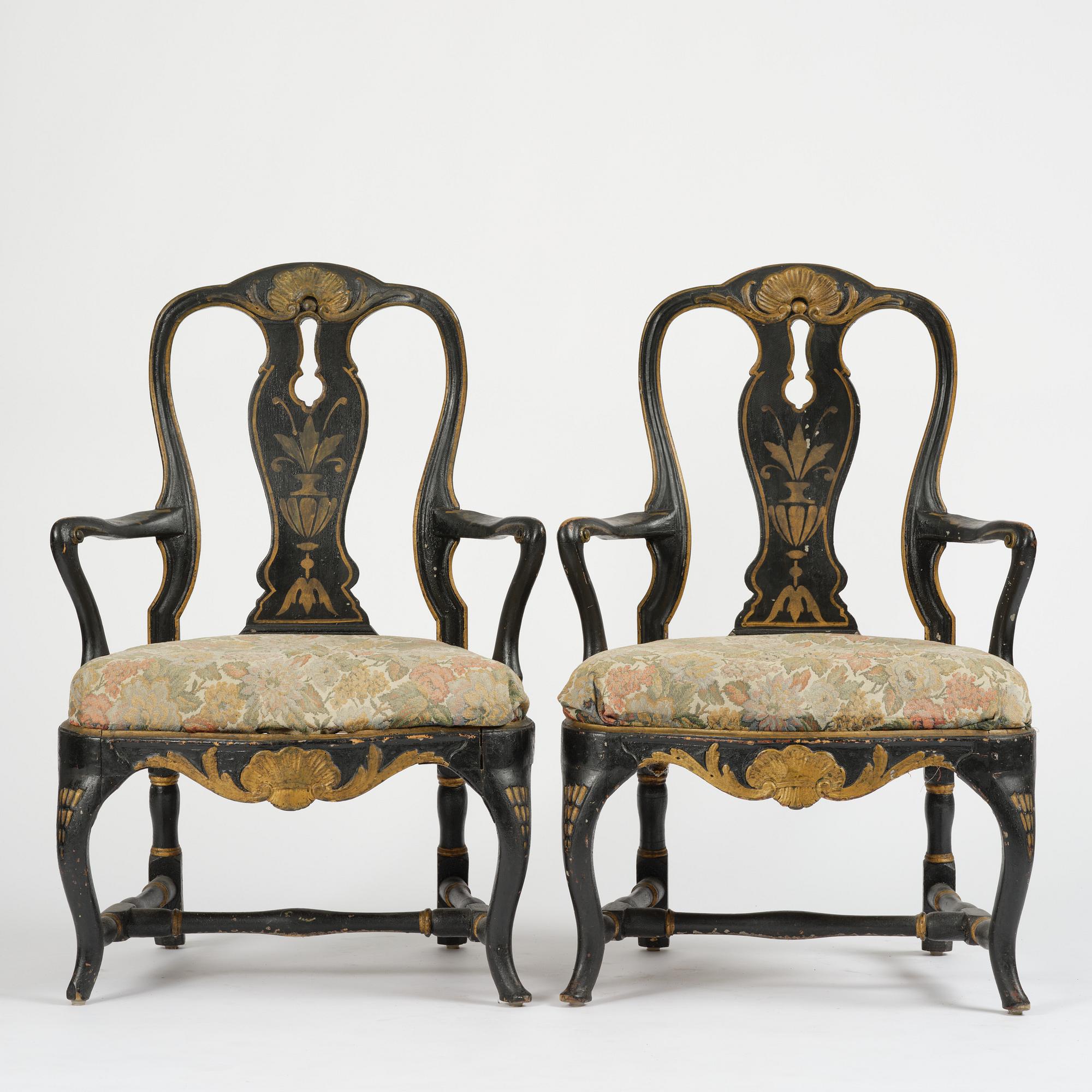 A pair of japanned Swedish rococo armchairs, Stockholm, later part 18th century.