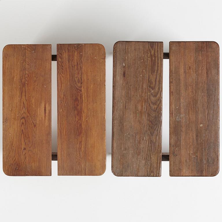 Axel Einar Hjorth, two stained pine "Skoga" stools, Nordiska Kompaniet, Sweden 1930's.
