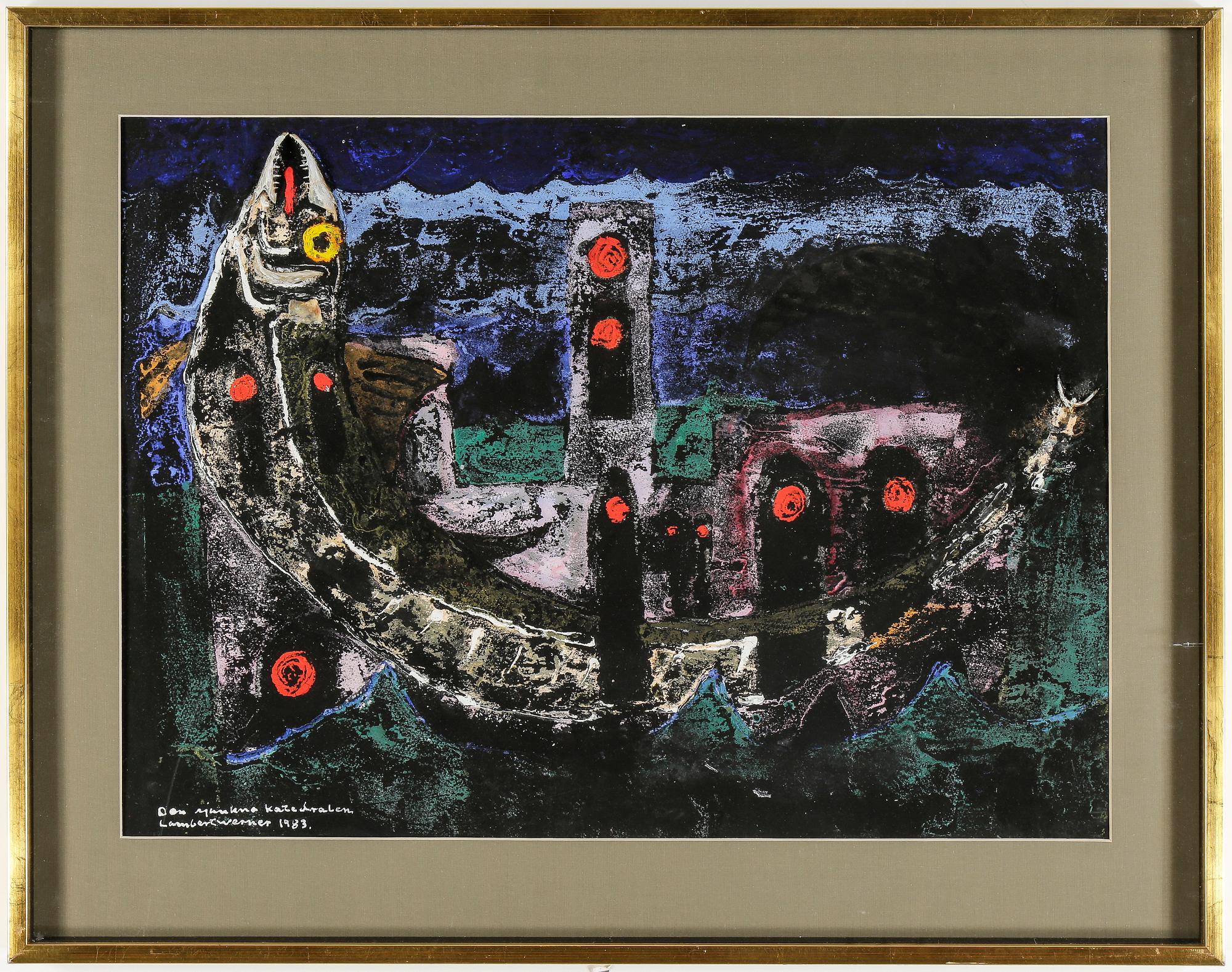 LAMBERT WERNER, "Den sjukna katedralen", gouache med collage, signerad, daterad 1983.