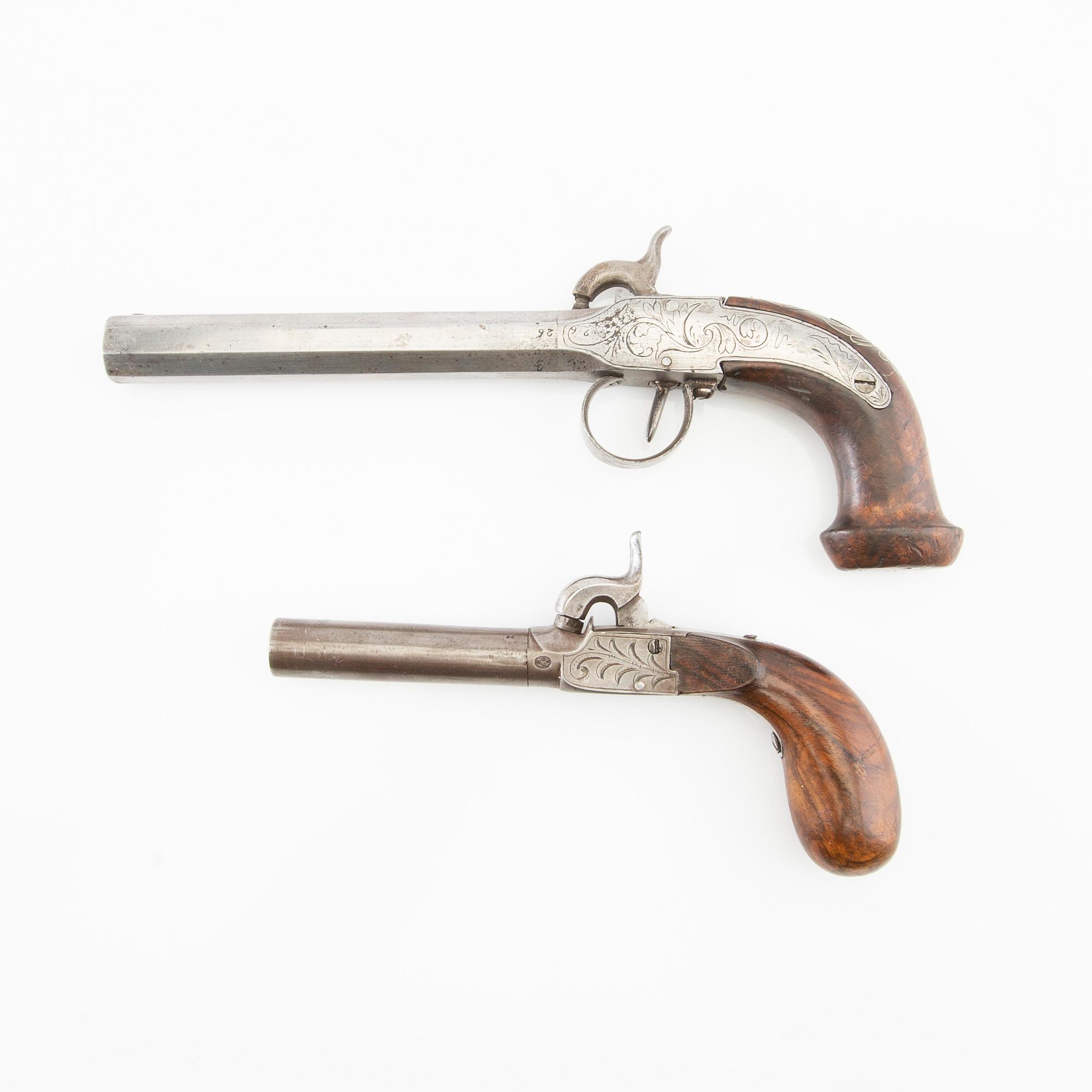 Pocket pistols two pieces, percussion lock, first half / mid 19th century.