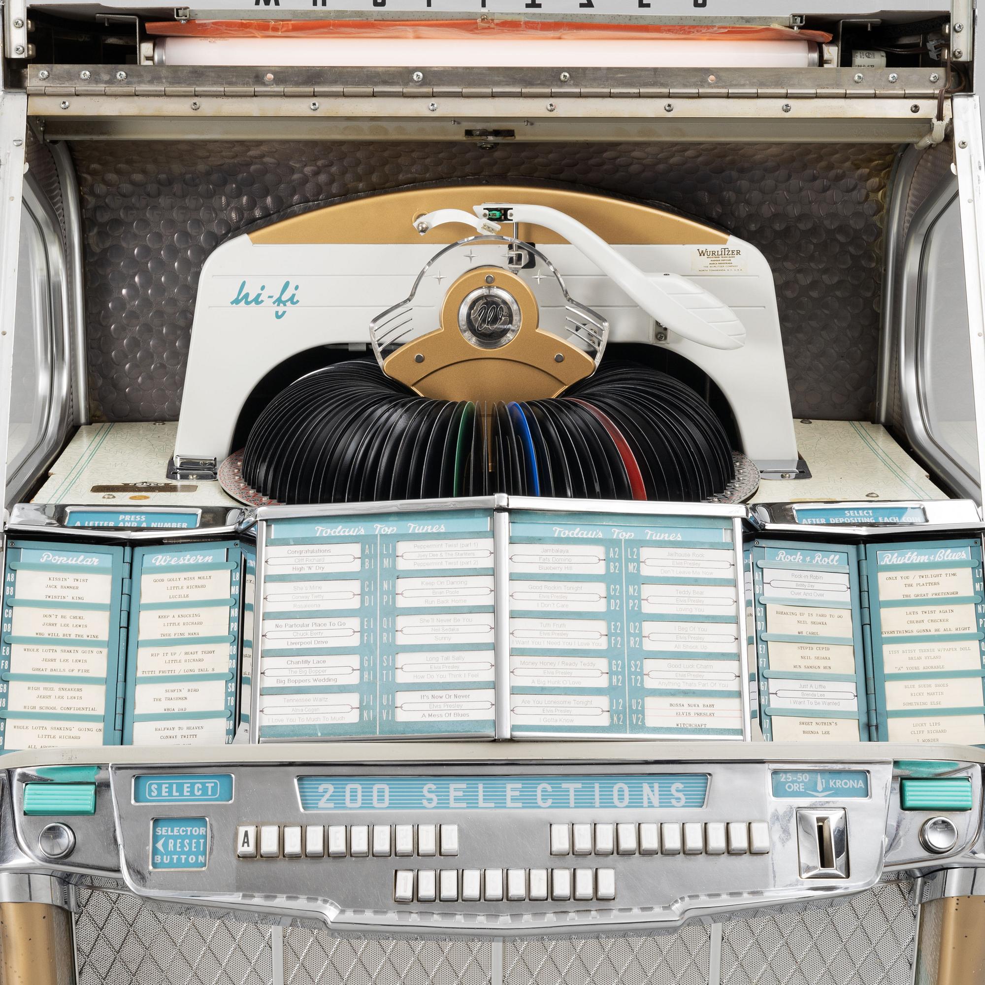 Jukebox, Wurlitzer modell 2100,  Rudolph Wurlitzer Company, North Tonawanda, New York, USA, 1957.