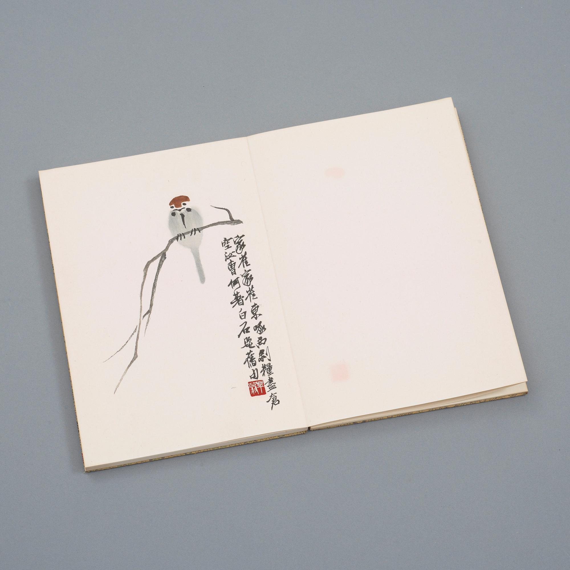 BOK med TRÄSNITT, "Qi Baishi hua ji", utgiven av Rong Bao Zhai xin ji, 1952, illustrerad med 22 färgträsnitt.