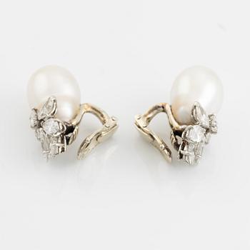 Van Cleef & Arpels a pair of earrings with drop-shaped cultured pearls and marquise and round brilliant-cut diamonds.
