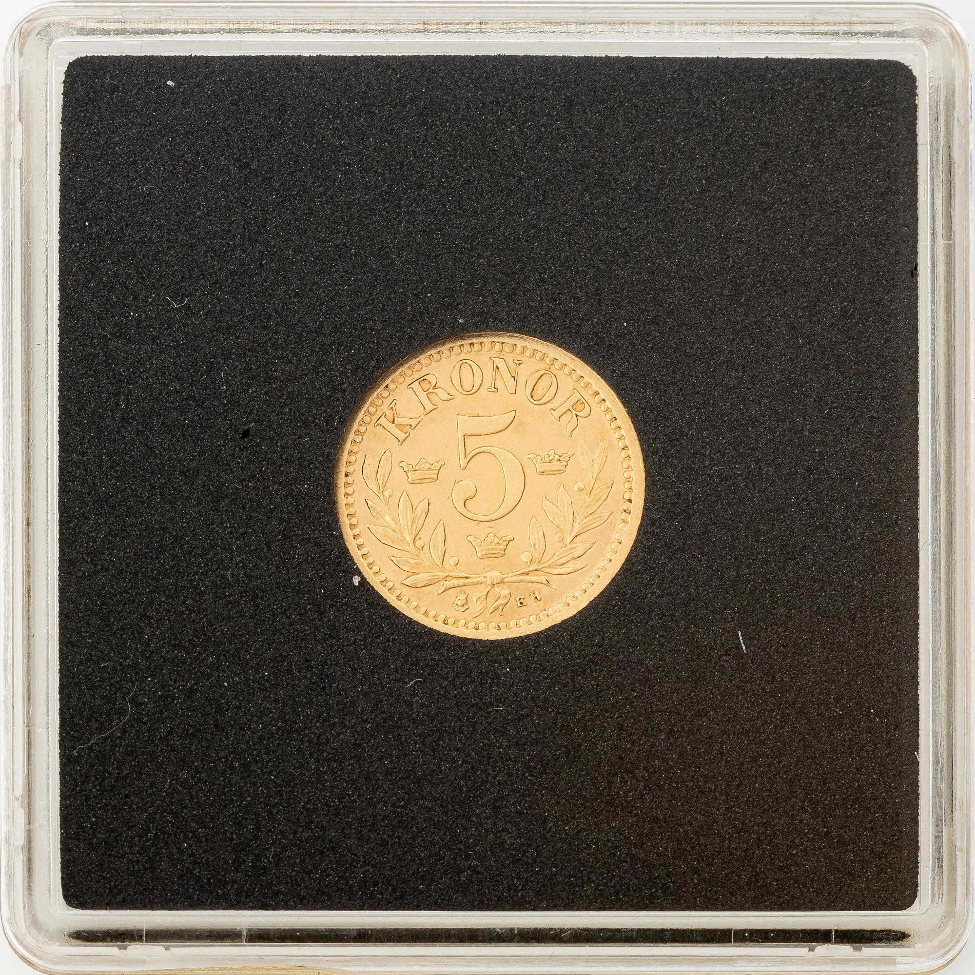 Guldmynt, Oscar II, 5 kronor, typ I, Sverige 1881.