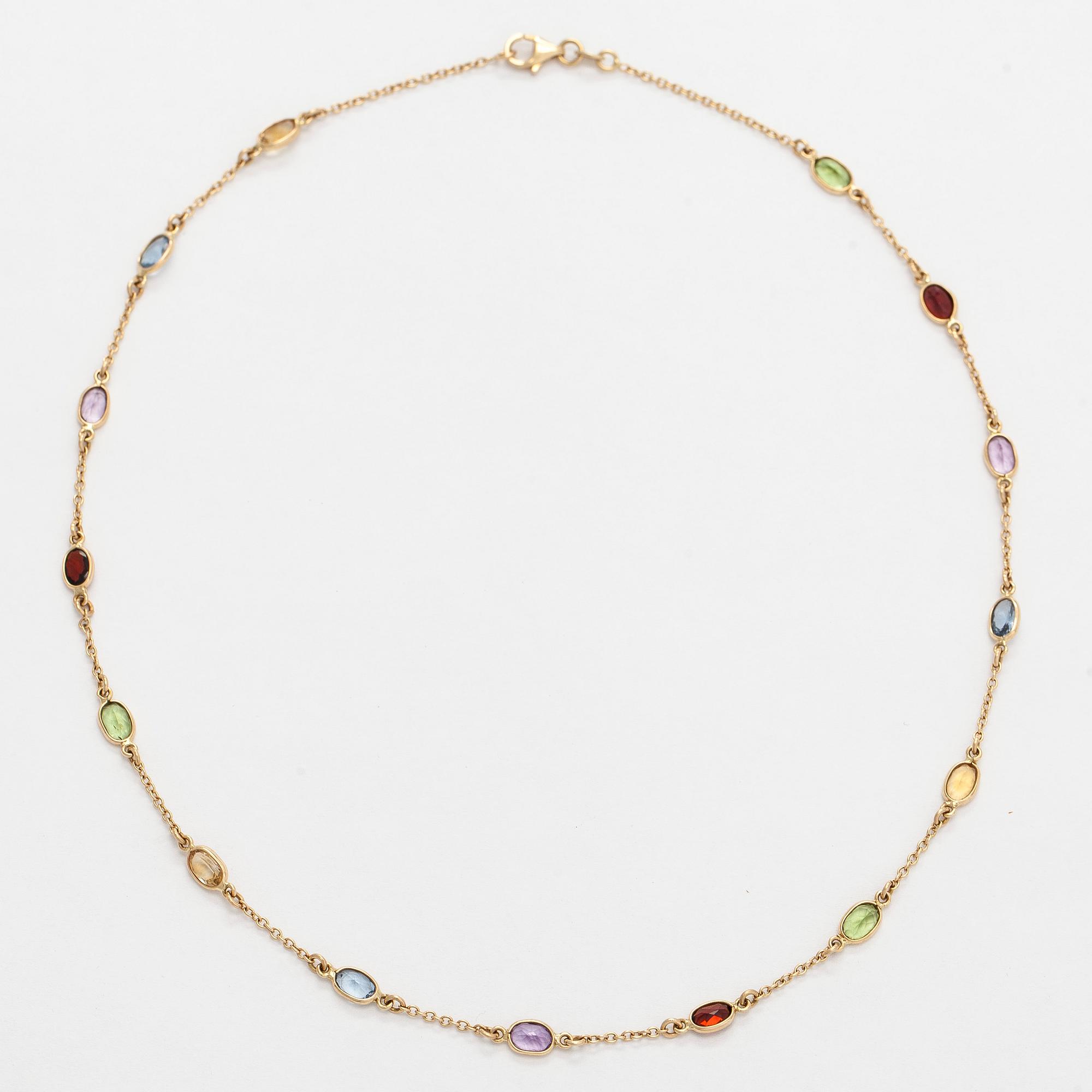 Halsband, 14K guld med slipade peridoter, granater, citriner och ametister.