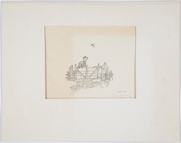 BJÖRN BERG, tuschteckning, signerad, illustration till Astrid Lindgrens "Emil i Lönneberga", daterad-63.