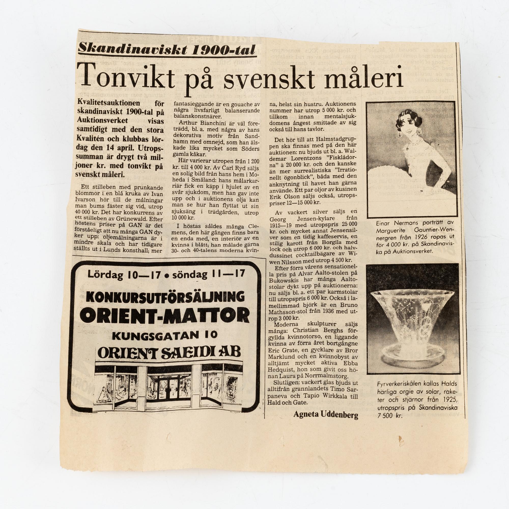 Edward Hald, an angraved glass bowl and plate, Orrefors, Sweden, model H932 and H348.