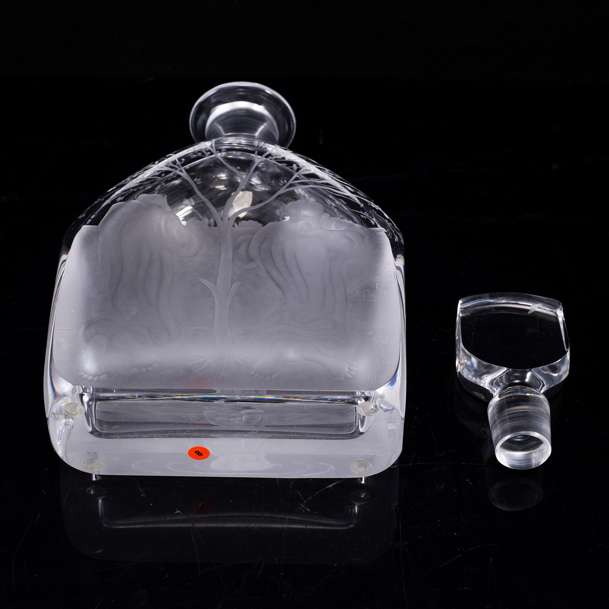 EDWARD HALD, an engraved bottle with stopper Orrefors, Sweden, model 1230.