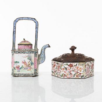 A Chinese enamel on copper teapot and an enamel box with carved wooden cover, Qing dynasty, 18th century.