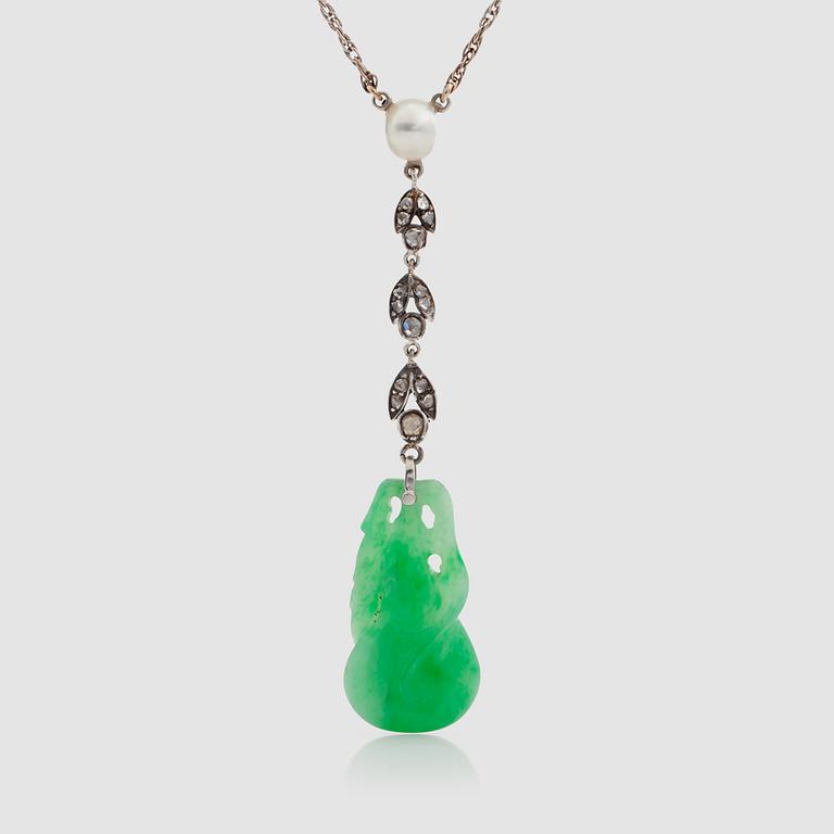 An untreated carved jadeite and cultured pearl necklace. Weight of jadeite 12.05 cts.