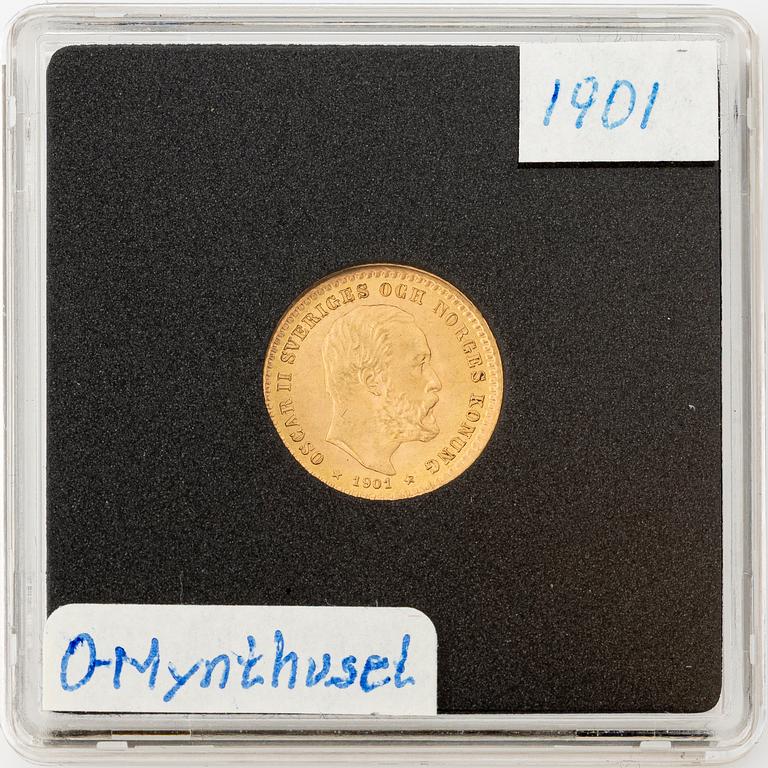Guldmynt, Oscar II, 5 kronor, typ II, Sverige 1901.
