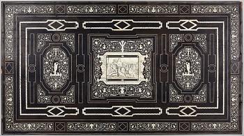 A Renaissance-style ebony, ebonized and ivory-inlaid library table, late 19th century, presumably Germany.