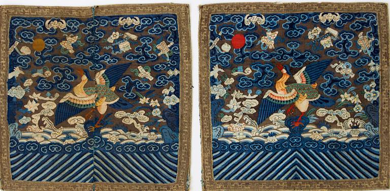 A pair of rank kesi civil official's rank badges with mandarin ducks, Qing dynasty, 19th Century.