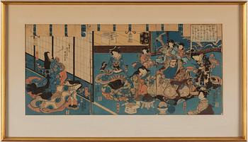 UTAGAWA KUNISADA I (TOYOKUNI III) (1786-1865), a colour triptych, woodblock print, Japan, 19th century.