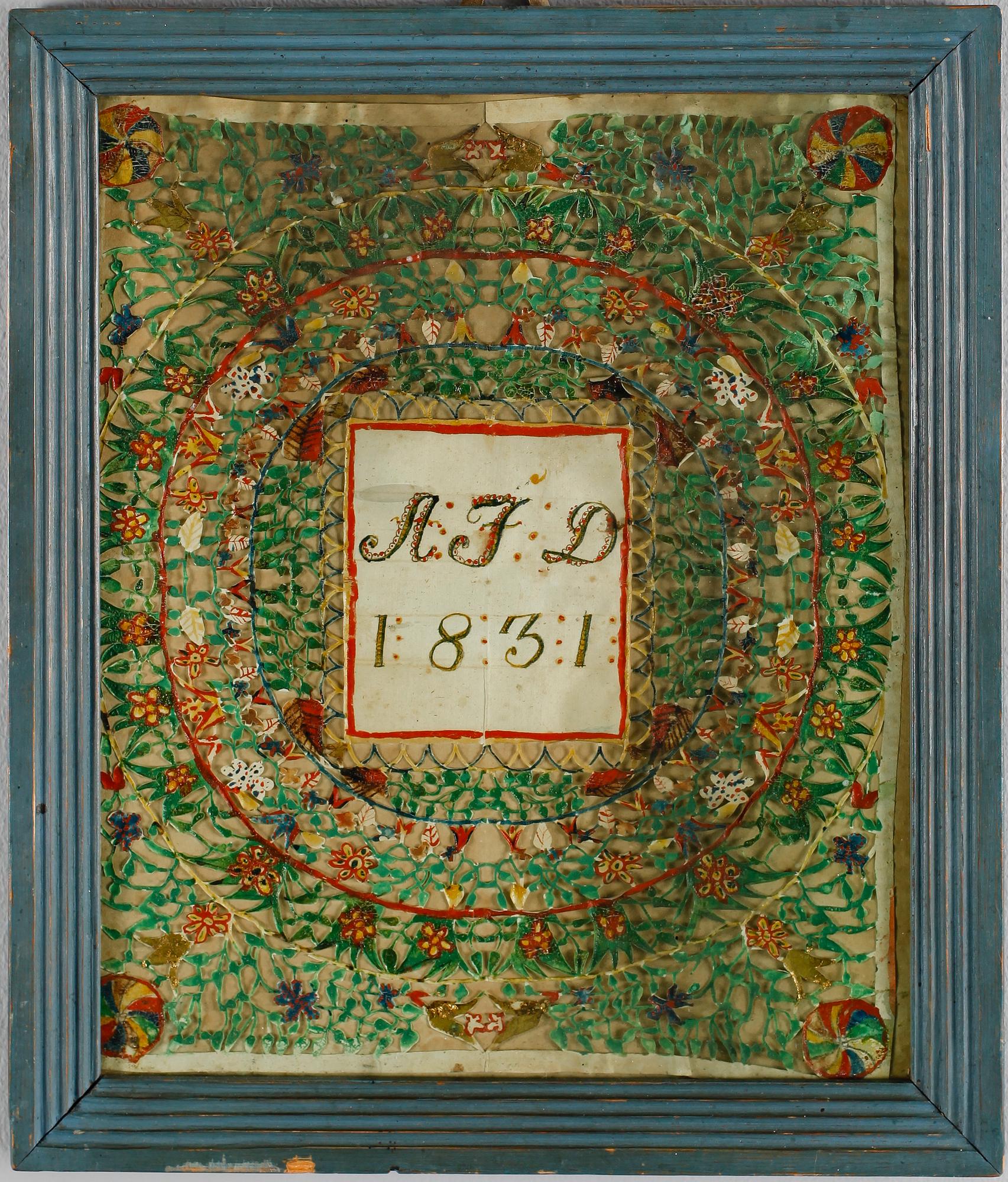 TAVLA, pappersklipp, kolorerad, datering 1831.