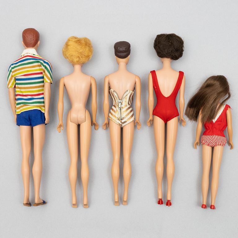 Barbiedockor, 5 st, bl a "Barbie Fashion Queen", "Skipper" & "Barbie bubble cut", Mattel, 1960-tal.