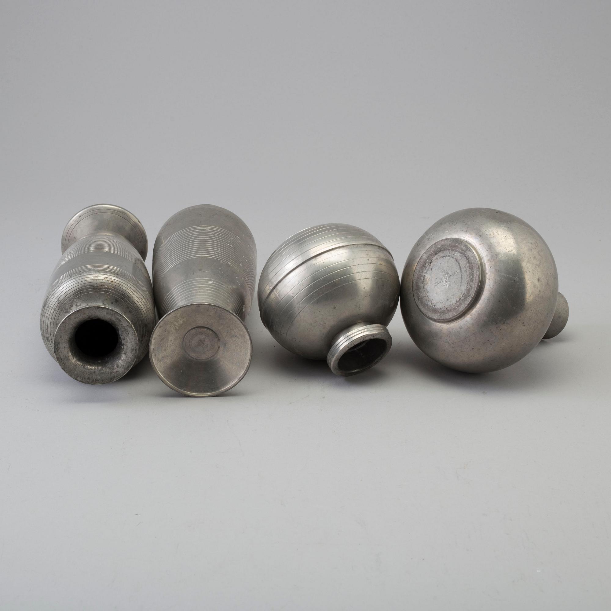 Four 1930s pewter vases, probably Sylvia Stave, two from CG Hallberg.
