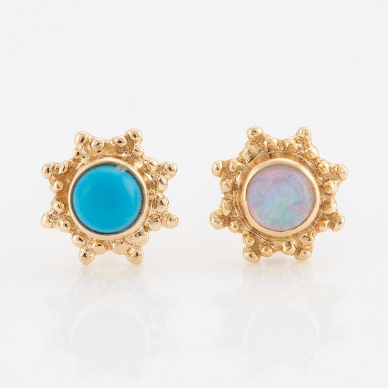 A pair of 14K gold with opal and turquoise, possibly by Maria Tash.