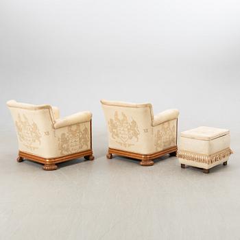 Armchairs, a pair, and footstool, Baroque style, 1940s.