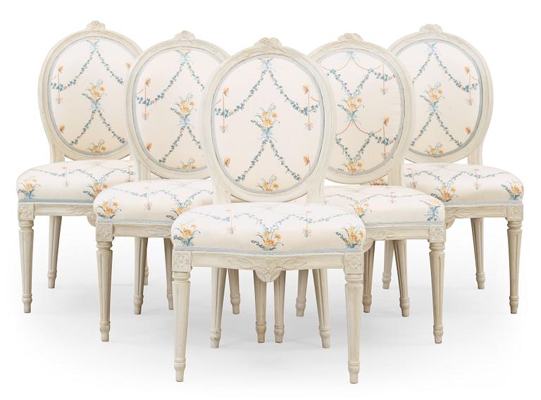 A set of five matched Gustavian chairs by J Malmsten, master 1780.