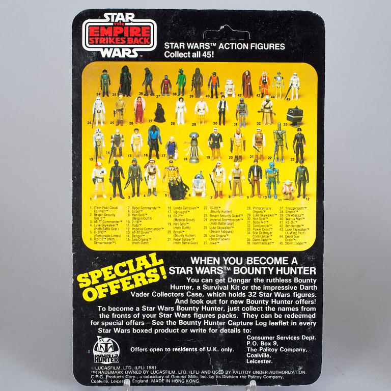 STAR WARS, 2 stycken actionfigurer i originalförpackning, Meccano och Palitoy, 1978-81.