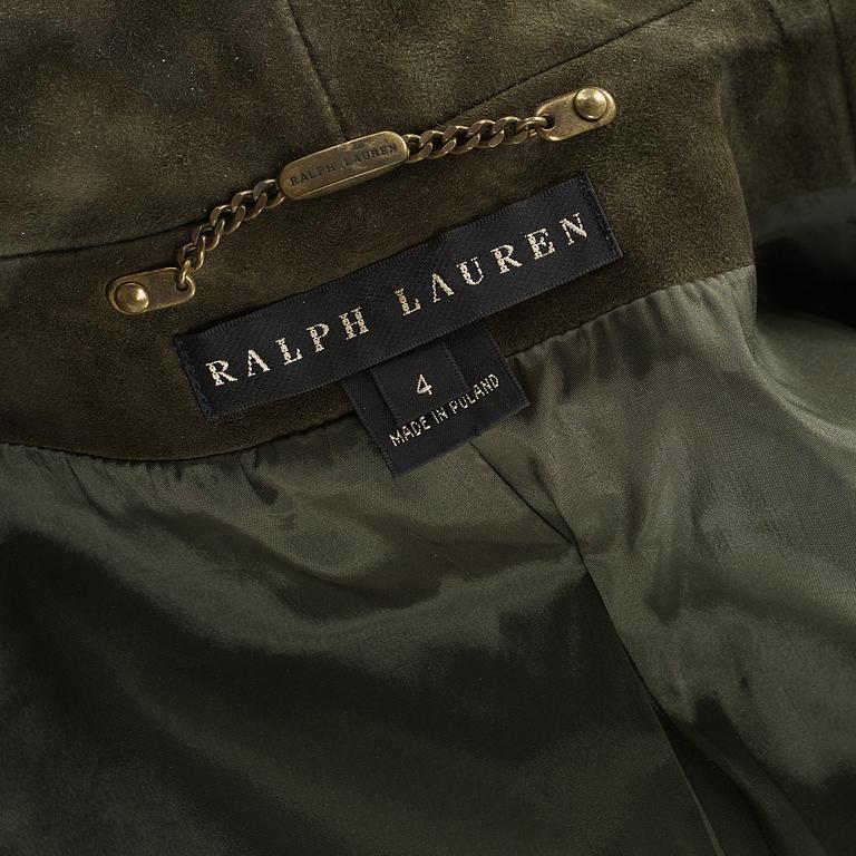 A dark green suede jacket by ralph lauren.